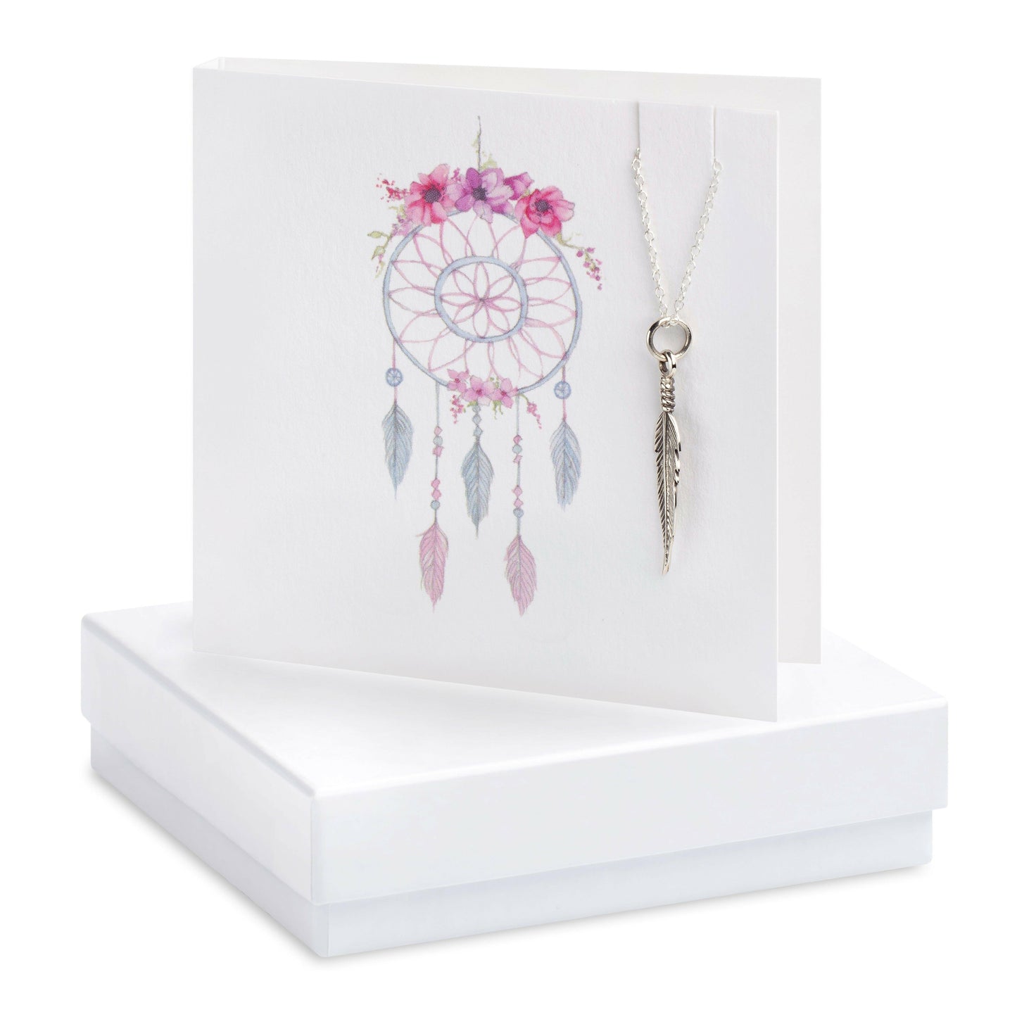 Sterling Silver Feather Necklace - Hand Finished Gift Set with Box and Dreamcatcher Greeting Card - Crumble and Core