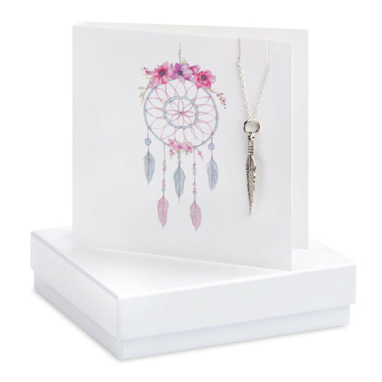 Sterling Silver Feather Necklace - Hand Finished Gift Set with Box and Dreamcatcher Greeting Card - Crumble and Core
