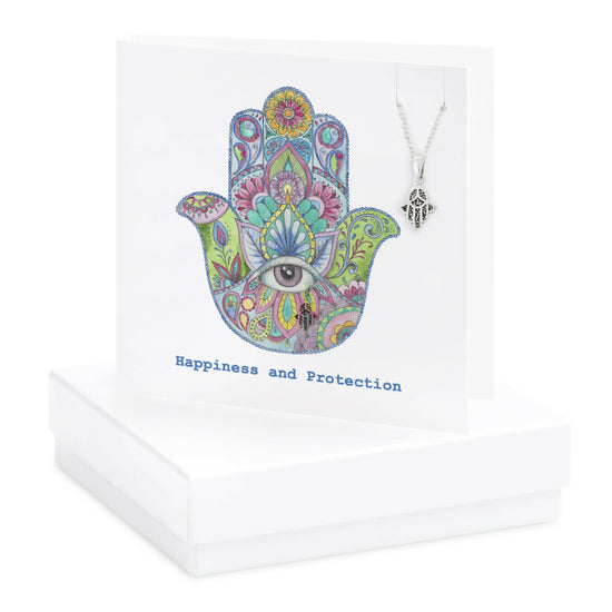 Sterling Silver Hamsa Pendant Necklace - Unique Gift Set for Protection and Luck - Gift Box and Greeting Card Included - Crumble and Core