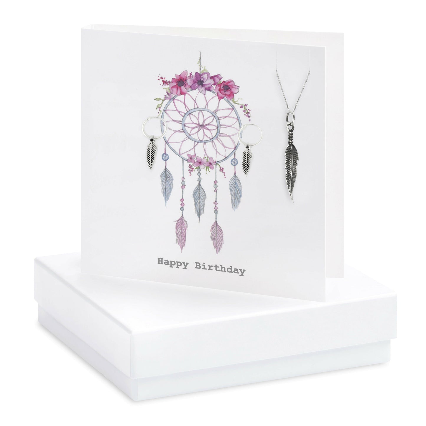 Sterling Silver Feather Necklace and Earring Set with Dreamcatcher Card - Perfect Birthday Gift - Crumble and Core