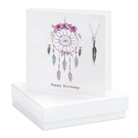 Sterling Silver Feather Necklace and Earring Set with Dreamcatcher Card - Perfect Birthday Gift - Crumble and Core