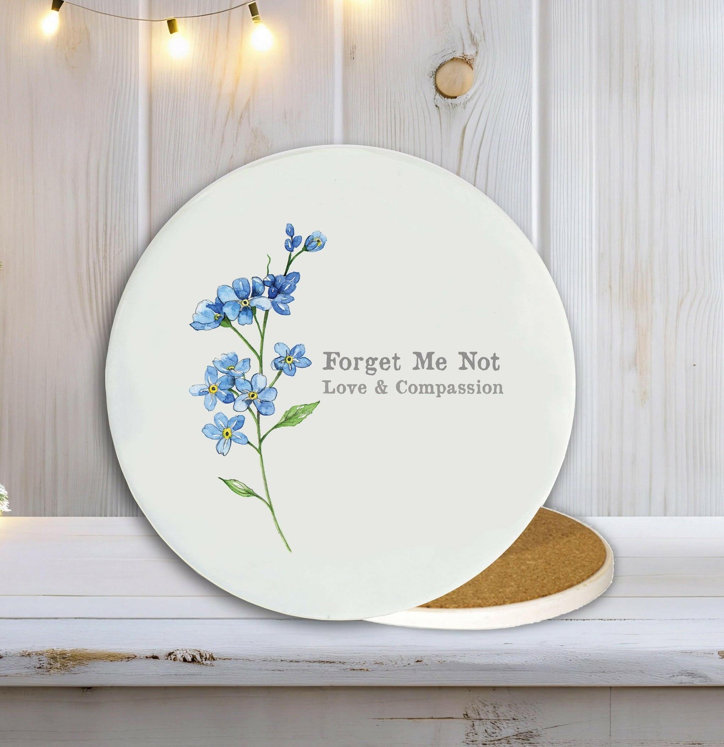 Ceramic Coaster - Forget Me Not Design - Floral - Elegant Drinkware Gift - Crumble and Core