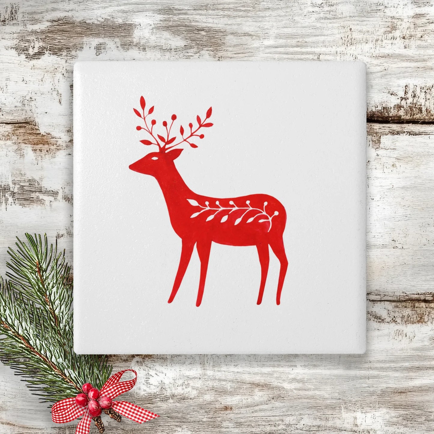 Christmas Coaster - Ceramic Drinks Coaster - Nordic Reindeer - Crumble and Core