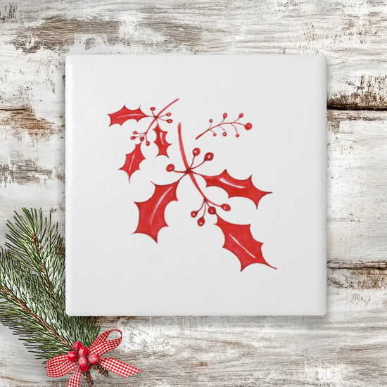 Christmas Coaster - Ceramic Drinks Coaster - Nordic Holly - Crumble and Core