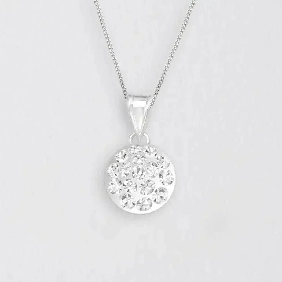 Sterling silver circle pendant necklace with sparkling crystal accents on fine chain, Crumble and Core