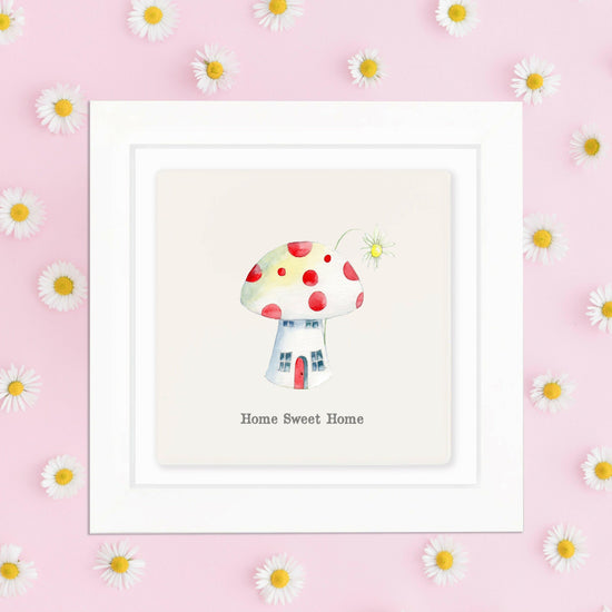 Hand Finished Ceramic Framed Tile Print - Toadstool Home Sweet Home Design - Home Decor - Gifts for Her - Crumble and Core