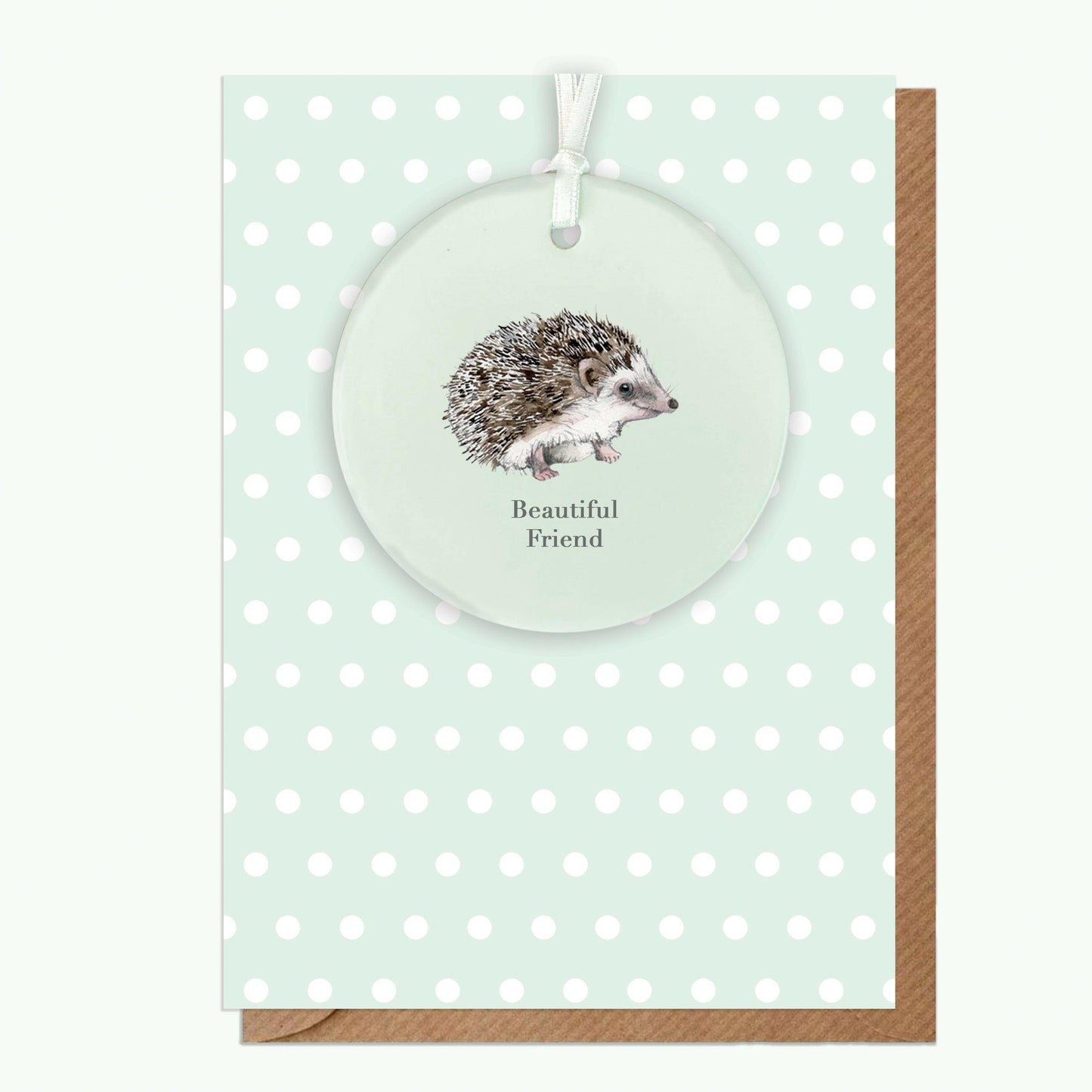 Ceramic Keepsake Hanging Decoration - A6 Greeting Card with Ceramic Keepsake - Hedgehog Beautiful Friend - Crumble and Core
