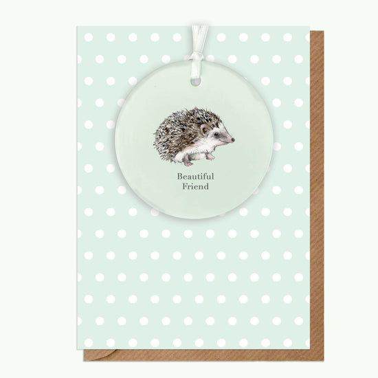 Ceramic Keepsake Hanging Decoration - A6 Greeting Card with Ceramic Keepsake - Hedgehog Beautiful Friend - Crumble and Core