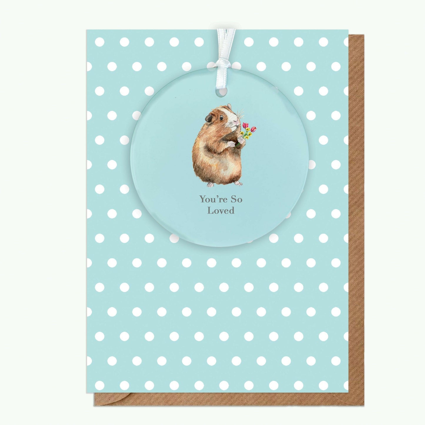 Ceramic Keepsake Hanging Decoration - A6 Greeting Card with Ceramic Keepsake - Guinea Pig So Loved - Crumble and Core