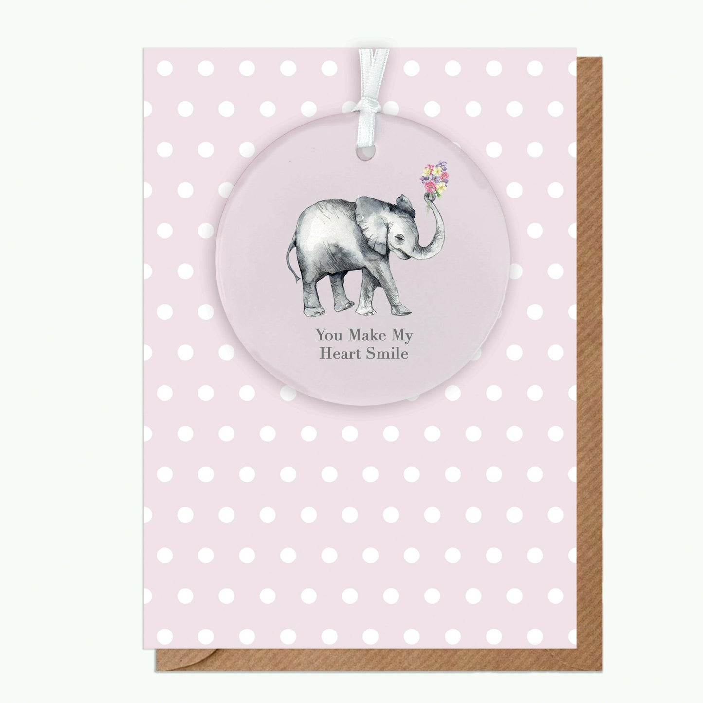 Ceramic Keepsake Hanging Decoration - A6 Greeting Card with Ceramic Keepsake - Elephant Smile - Crumble and Core
