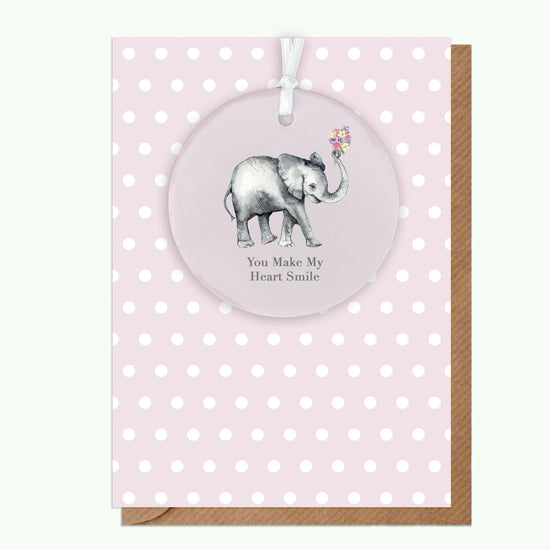 Ceramic Keepsake Hanging Decoration - A6 Greeting Card with Ceramic Keepsake - Elephant Smile - Crumble and Core