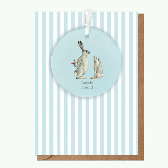 Ceramic Keepsake Hanging Decoration - A6 Greeting Card with Ceramic Keepsake - Hare Lovely Friend - Crumble and Core