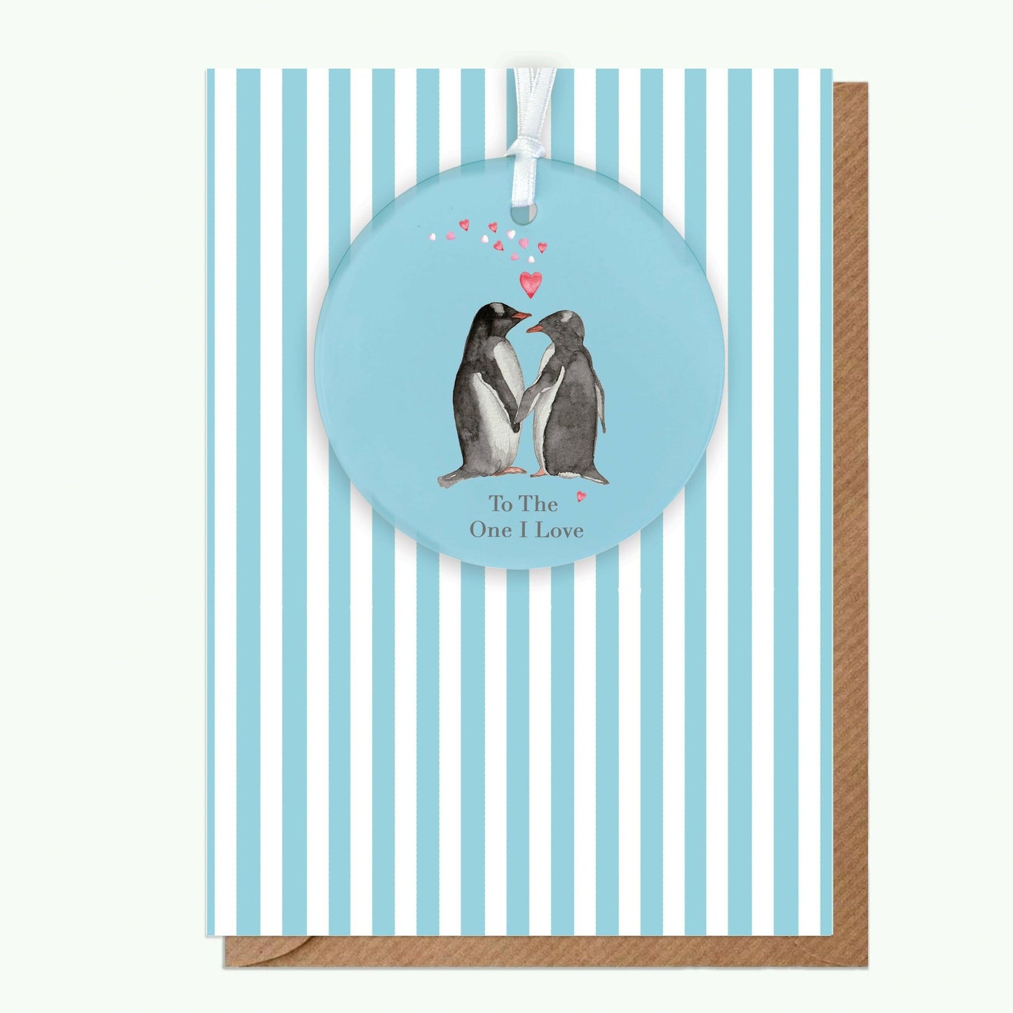 Ceramic Keepsake Hanging Decoration - A6 Greeting Card with Ceramic Keepsake - Penguins Love - Crumble and Core