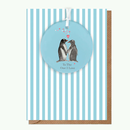 Ceramic Keepsake Hanging Decoration - A6 Greeting Card with Ceramic Keepsake - Penguins Love - Crumble and Core