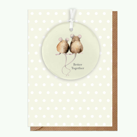 Ceramic Keepsake Hanging Decoration - A6 Greeting Card with Ceramic Keepsake - Mice Better Together - Crumble and Core