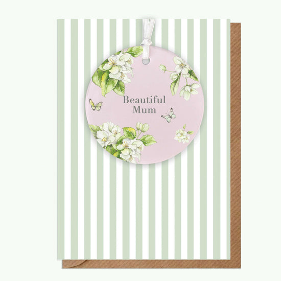 Ceramic Keepsake Hanging Decoration - A6 Greeting Card with Ceramic Keepsake - Blossom Pink Beautiful Mum - Crumble and Core