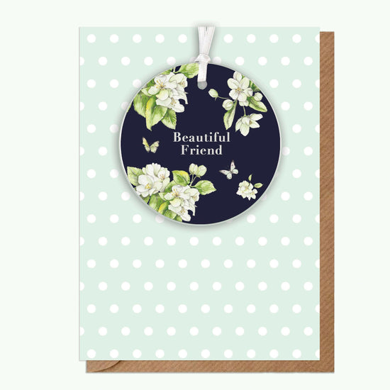 Ceramic Keepsake Hanging Decoration - A6 Greeting Card with Ceramic Keepsake - Blossom Navy Beautiful Friend - Crumble and Core
