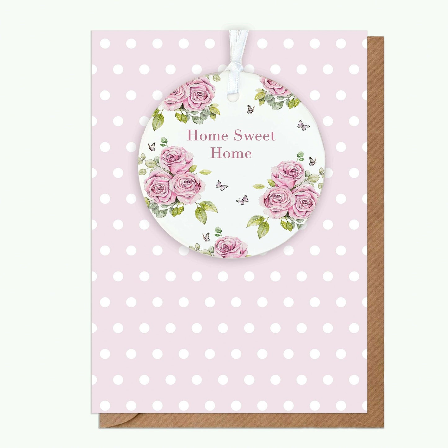 Ceramic Keepsake Hanging Decoration - A6 Greeting Card with Ceramic Keepsake - Rose Cream Home Sweet Home - Crumble and Core