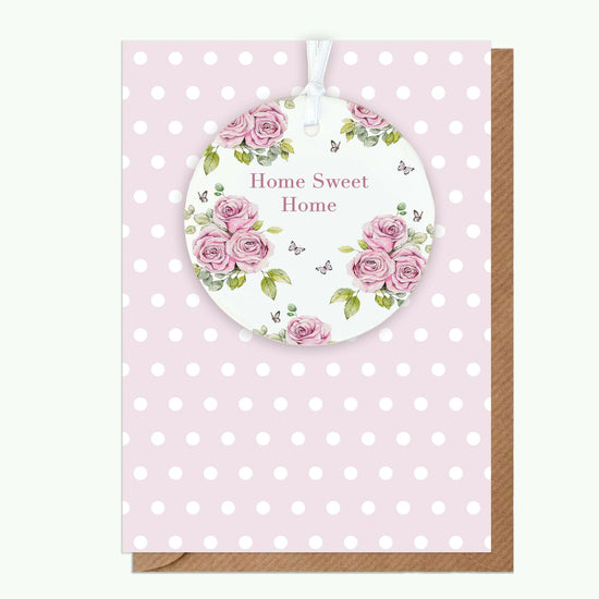 Ceramic Keepsake Hanging Decoration - A6 Greeting Card with Ceramic Keepsake - Rose Cream Home Sweet Home - Crumble and Core