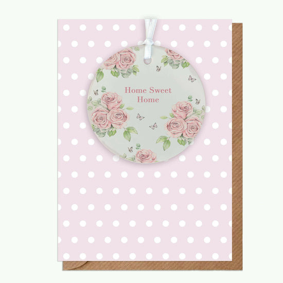 Ceramic Keepsake Hanging Decoration - A6 Greeting Card with Ceramic Keepsake - Rose Home Sweet Home - Crumble and Core