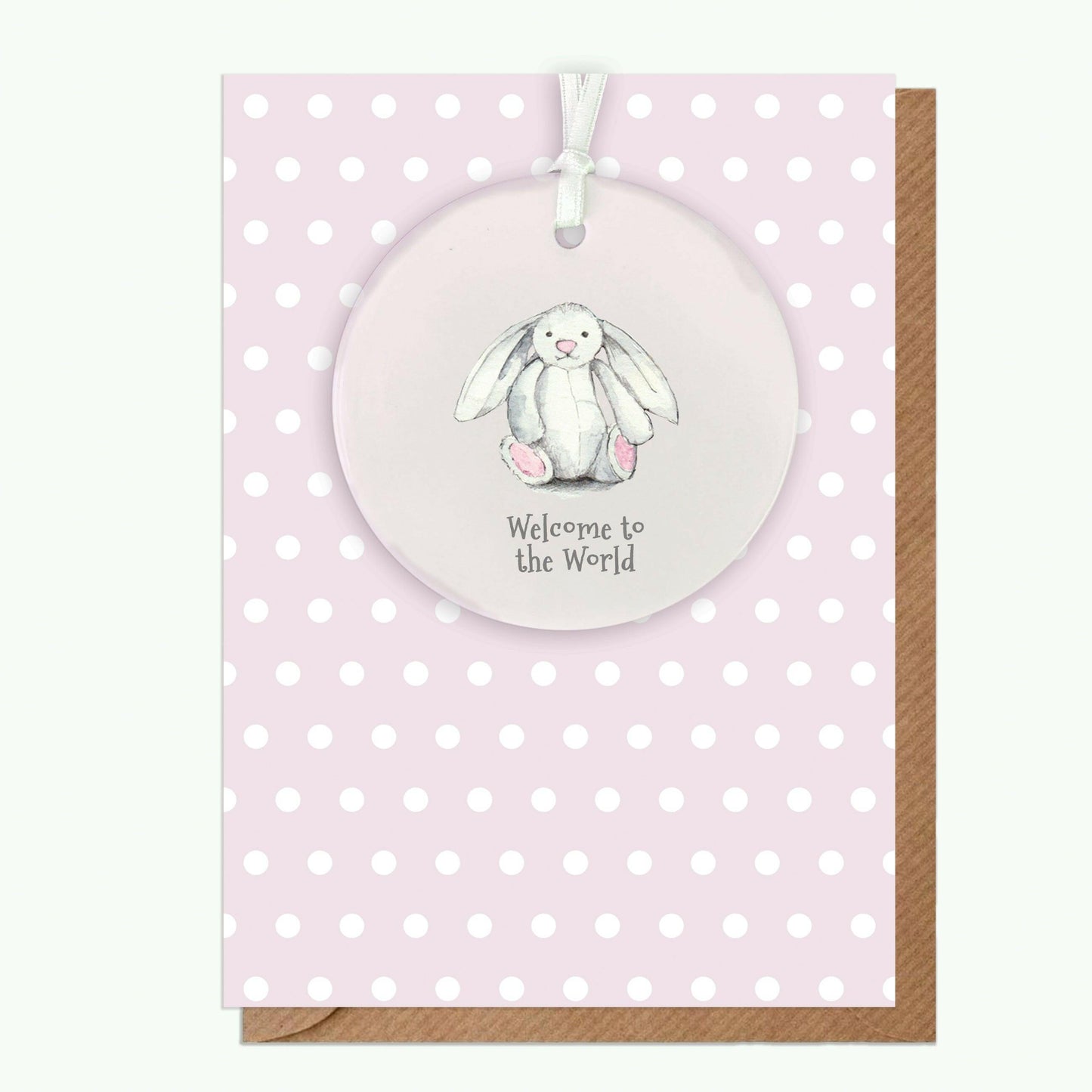 Ceramic Keepsake Hanging Decoration - A6 Greeting Card with Ceramic Keepsake - Baby Girl Bunny - Crumble and Core
