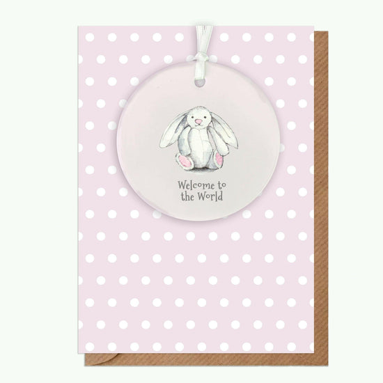 Ceramic Keepsake Hanging Decoration - A6 Greeting Card with Ceramic Keepsake - Baby Girl Bunny - Crumble and Core