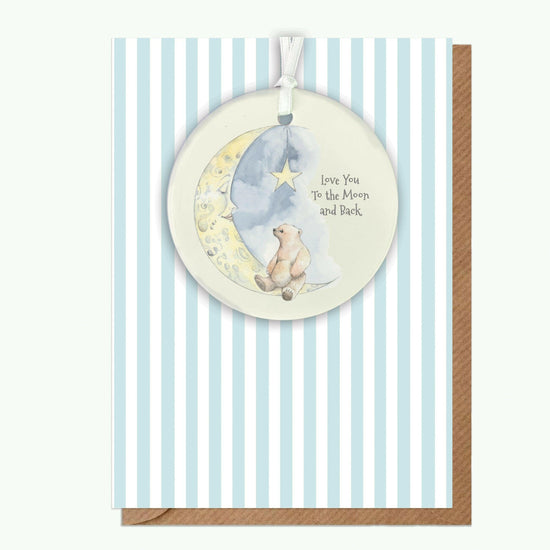 Ceramic Keepsake Hanging Decoration - A6 Greeting Card with Ceramic Keepsake - Bear and Moon - Crumble and Core