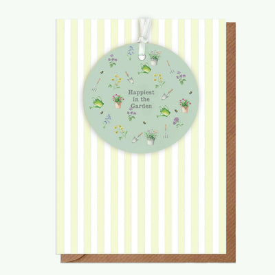 Ceramic Keepsake Hanging Decoration - A6 Greeting Card with Ceramic Keepsake - Happiest in the Garden - Crumble and Core