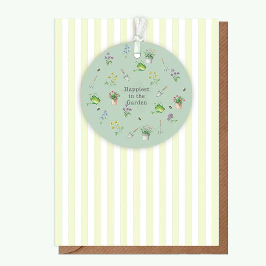 Ceramic Keepsake Hanging Decoration - A6 Greeting Card with Ceramic Keepsake - Happiest in the Garden - Crumble and Core