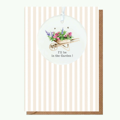 Ceramic Keepsake Hanging Decoration - A6 Greeting Card with Ceramic Keepsake - Garden Wheelbarrow - Crumble and Core