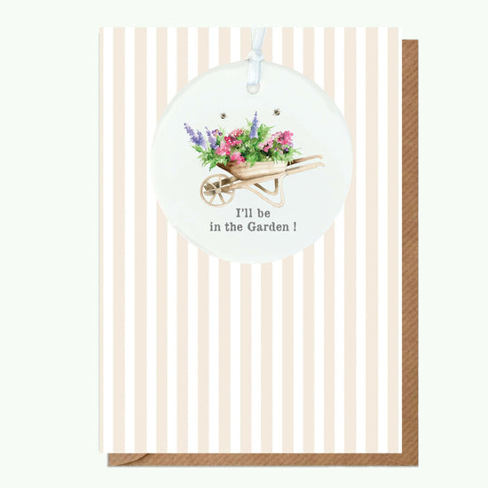 Ceramic Keepsake Hanging Decoration - A6 Greeting Card with Ceramic Keepsake - Garden Wheelbarrow - Crumble and Core