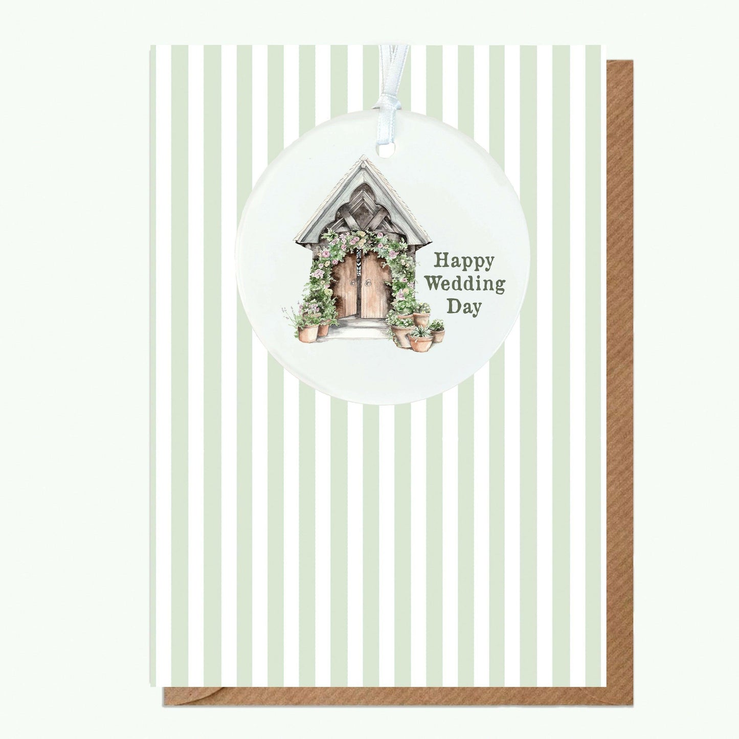 Ceramic Keepsake Hanging Decoration - A6 Greeting Card with Ceramic Keepsake - Wedding Church - Crumble and Core