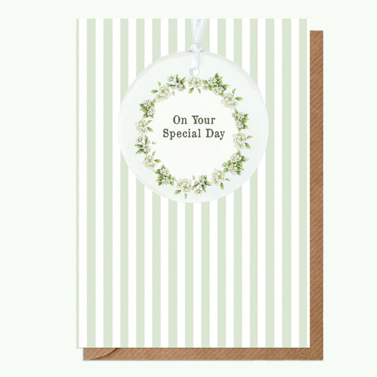 Ceramic Keepsake Hanging Decoration - A6 Greeting Card with Ceramic Keepsake - Special Day Wreath - Crumble and Core