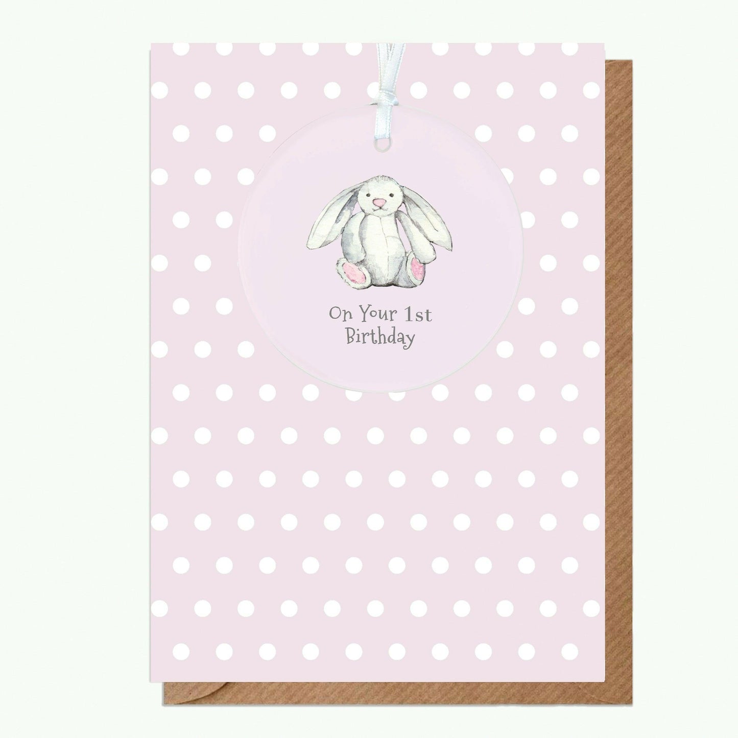 Ceramic Keepsake Hanging Decoration - A6 Greeting Card with Ceramic Keepsake - Baby 1st Birthday Girl Bunny - Crumble and Core