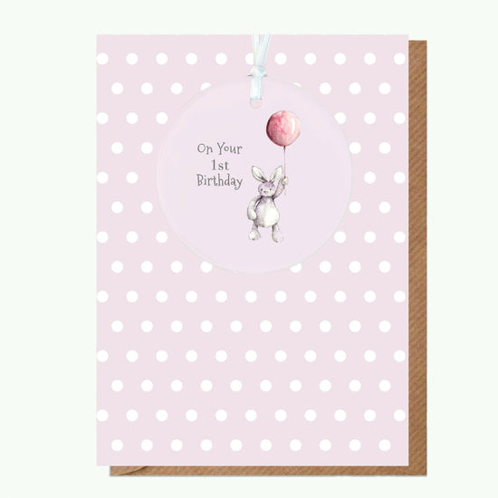 Ceramic Keepsake Hanging Decoration - A6 Greeting Card with Ceramic Keepsake - Baby 1st Birthday Girl Teddy & Balloon - Crumble and Core