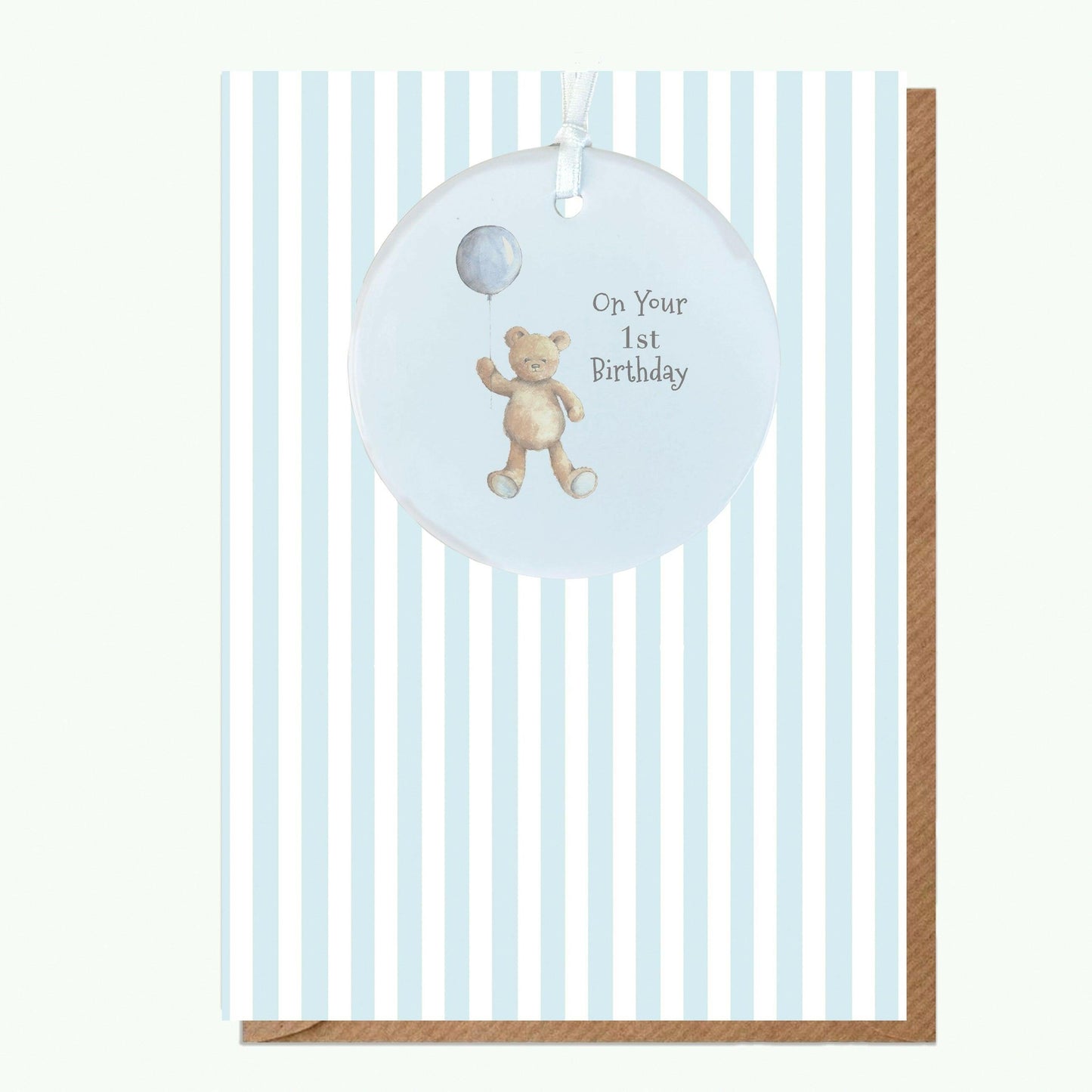 Ceramic Keepsake Hanging Decoration - A6 Greeting Card with Ceramic Keepsake - Baby 1st Birthday Boy Teddy & Balloon - Crumble and Core
