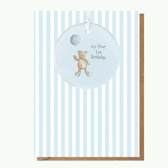 Ceramic Keepsake Hanging Decoration - A6 Greeting Card with Ceramic Keepsake - Baby 1st Birthday Boy Teddy & Balloon - Crumble and Core