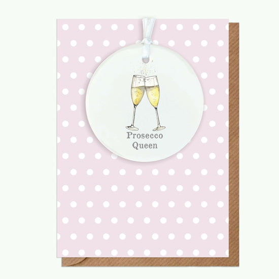 Ceramic Keepsake Hanging Decoration - A6 Greeting Card with Ceramic Keepsake - Prosecco Queen - Crumble and Core