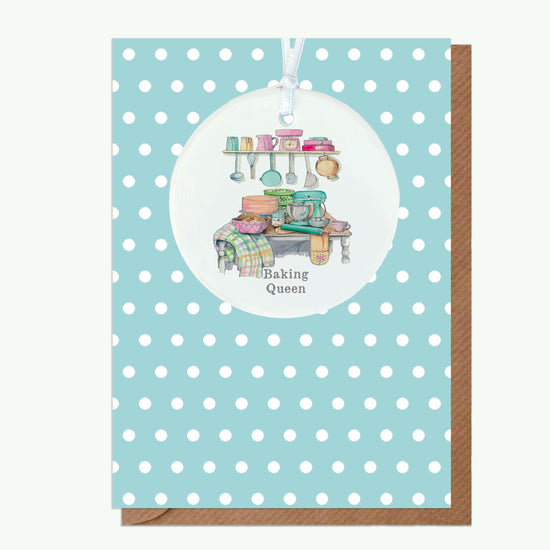 Ceramic Keepsake Hanging Decoration - A6 Greeting Card with Ceramic Keepsake - Baking Queen - Crumble and Core
