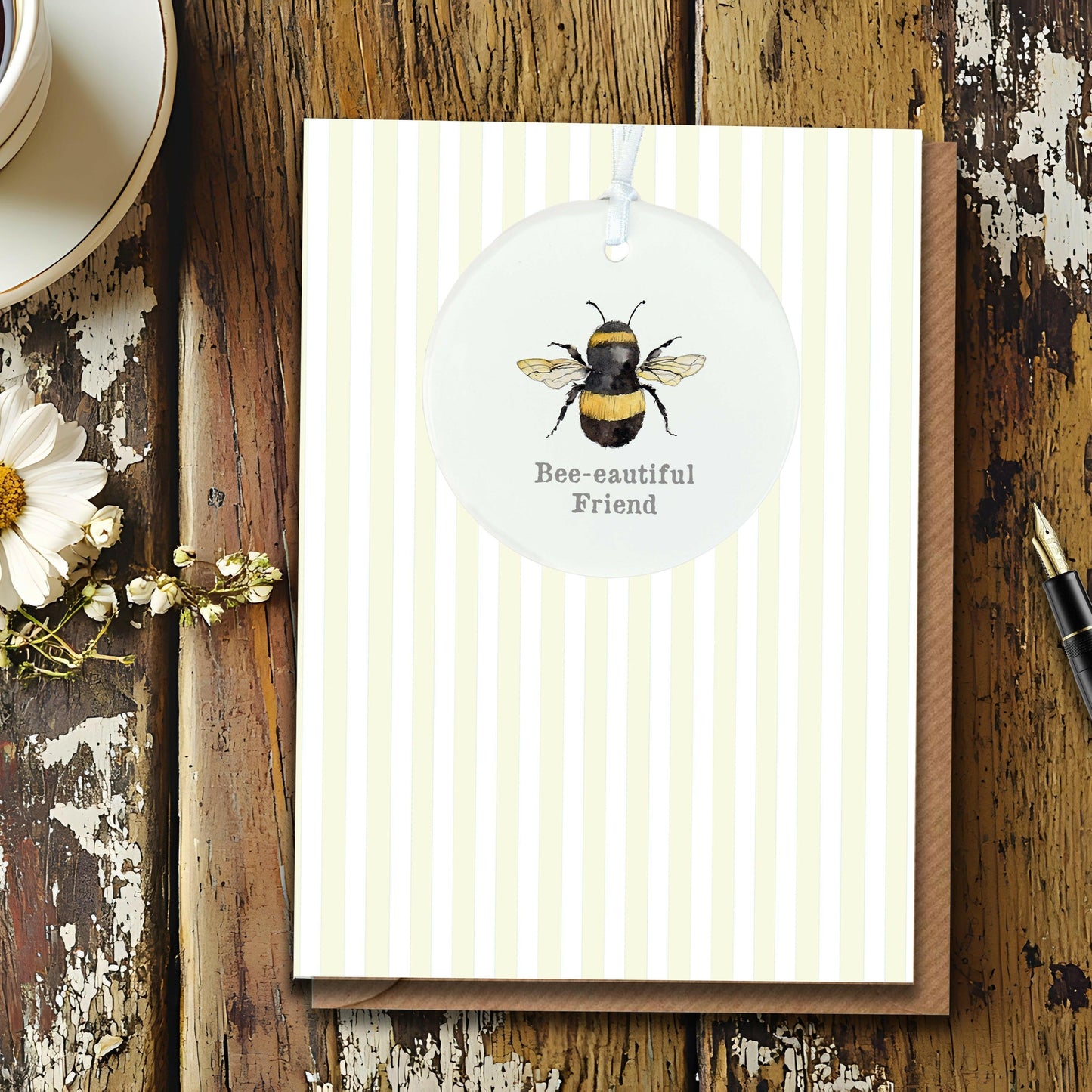 Ceramic Keepsake Hanging Decoration - A6 Greeting Card with Ceramic Keepsake - Bee-eautiful Friend - Crumble and Core
