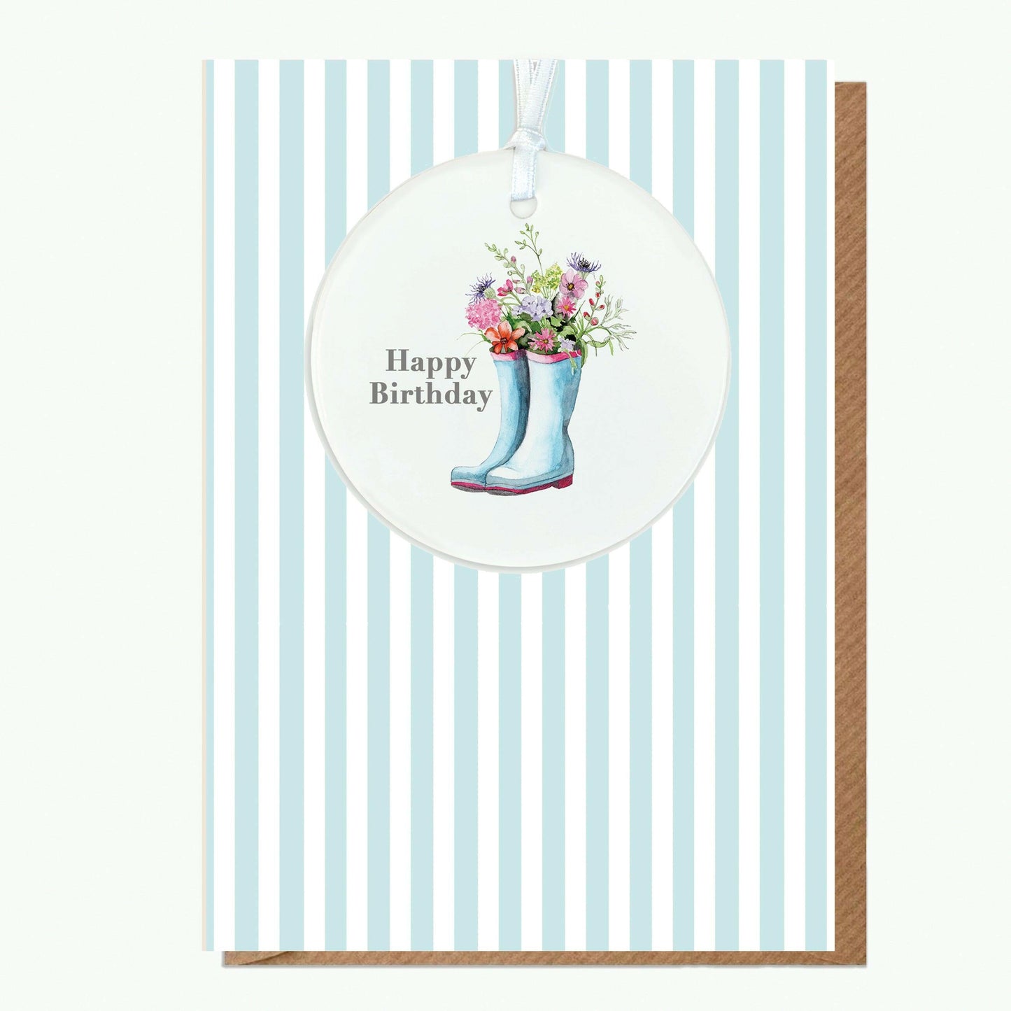 Ceramic Keepsake Hanging Decoration - A6 Birthday Greeting Card with Ceramic Keepsake - Flowers & Wellies Happy Birthday - Crumble and Core