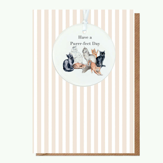 Ceramic Keepsake Hanging Decoration - A6 Birthday Greeting Card with Ceramic Keepsake - Cats Happy Birthday Birthday Card - Crumble and Core
