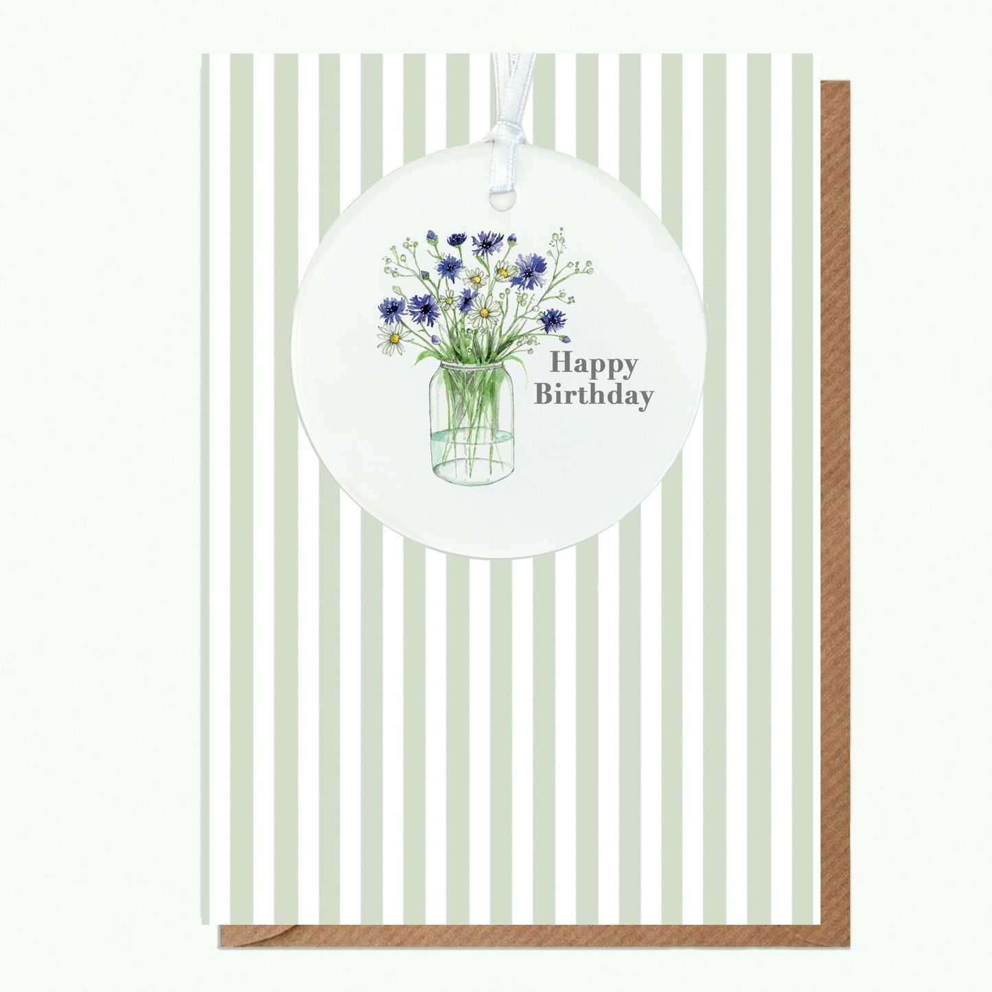 Ceramic Keepsake Hanging Decoration - A6 Birthday Greeting Card with Ceramic Keepsake - Cornflowers Happy Birthday Birthday Card - Crumble and Core