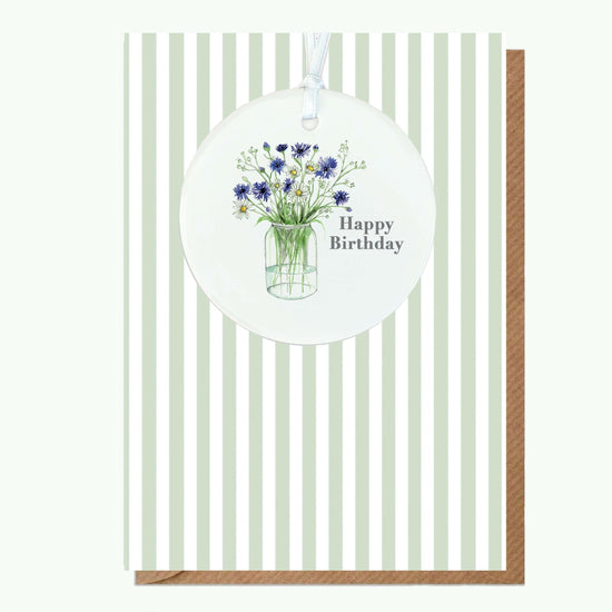 Ceramic Keepsake Hanging Decoration - A6 Birthday Greeting Card with Ceramic Keepsake - Cornflowers Happy Birthday Birthday Card - Crumble and Core