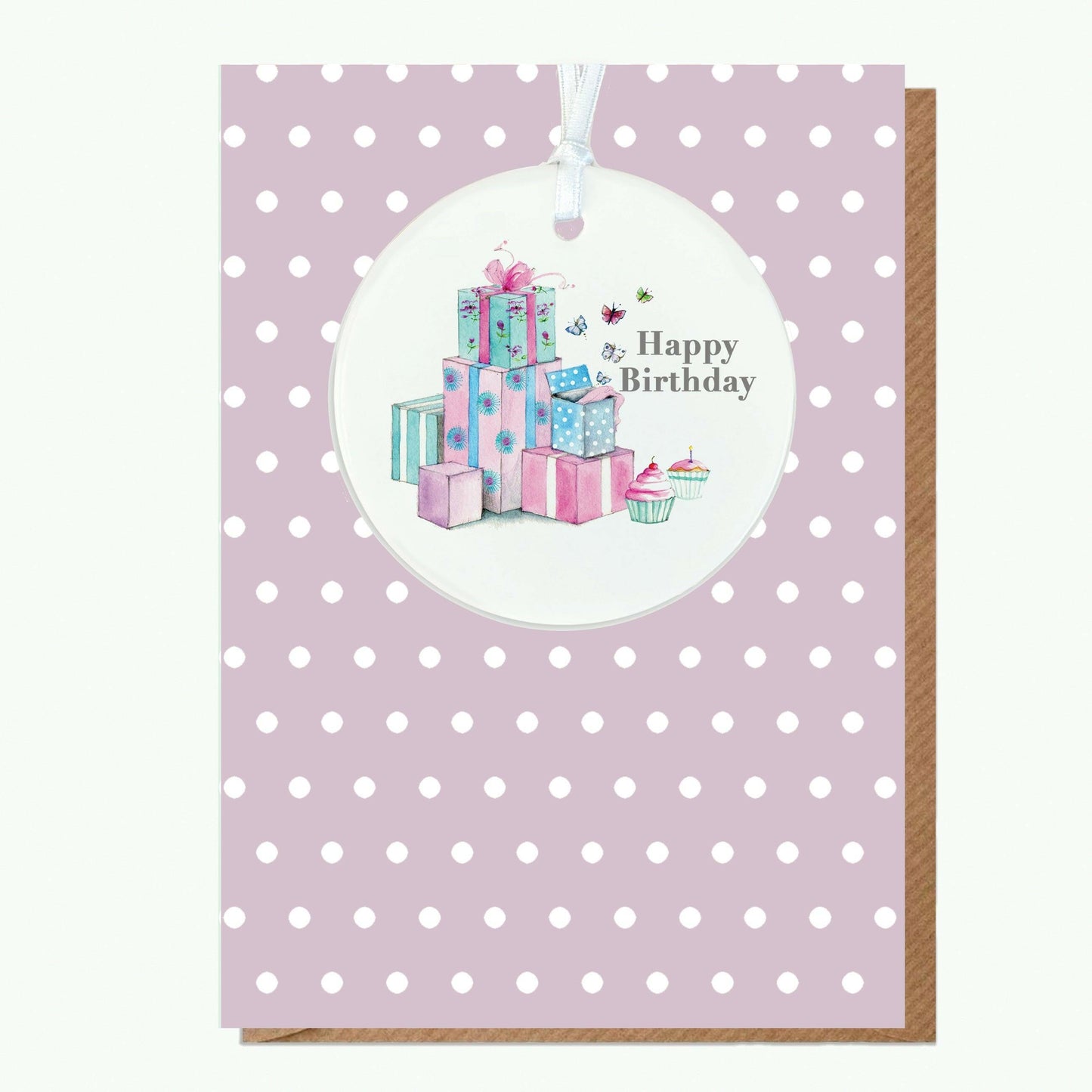 Ceramic Keepsake Hanging Decoration - A6 Birthday Greeting Card with Ceramic Keepsake - Pretty Presents Happy Birthday - Crumble and Core