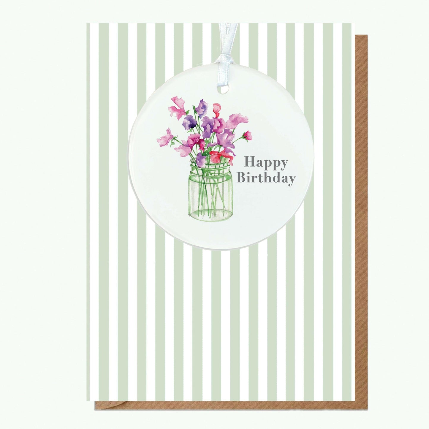 Ceramic Keepsake Hanging Decoration - A6 Birthday Greeting Card with Ceramic Keepsake - Sweet Peas Happy Birthday - Crumble and Core