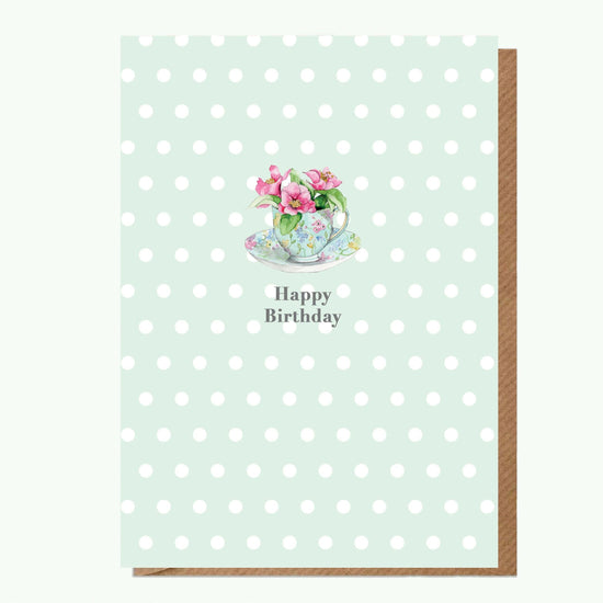 Ceramic Keepsake Hanging Decoration - A6 Birthday Greeting Card with Ceramic Keepsake - Flowers & Tea Cup Happy Birthday - Crumble and Core