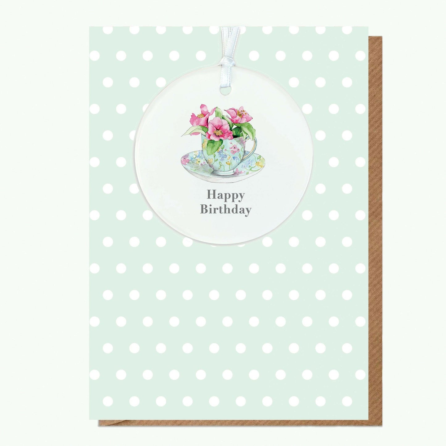 Ceramic Keepsake Hanging Decoration - A6 Birthday Greeting Card with Ceramic Keepsake - Flowers & Tea Cup Happy Birthday - Crumble and Core