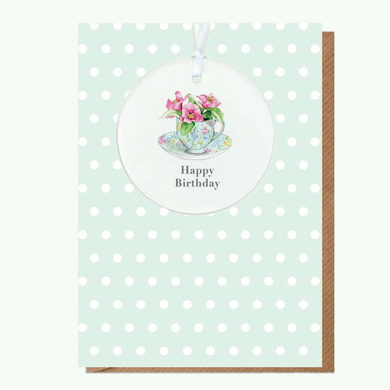 Ceramic Keepsake Hanging Decoration - A6 Birthday Greeting Card with Ceramic Keepsake - Flowers & Tea Cup Happy Birthday - Crumble and Core