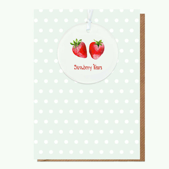 Ceramic Keepsake Hanging Decoration - Strawberry Kisses A6 Greeting Card with Ceramic Keepsake - Perfect for Celebrating Love and Friendship - Crumble and Core